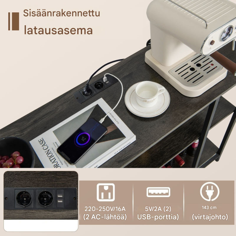 Teollinen harmaa viinikaappi latausasemalla ja säilytystilalla