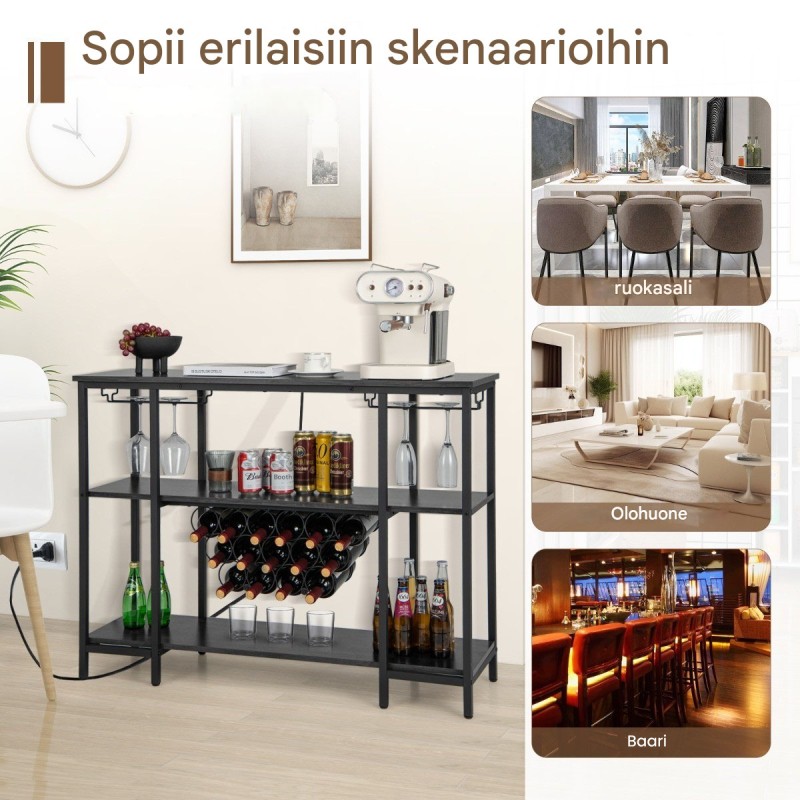 Teollinen viinikaappi lasitelineillä ja latausasemalla, ruskea