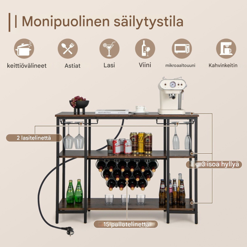 Teollinen viinikaappi lasitelineillä ja latausasemalla, ruskea