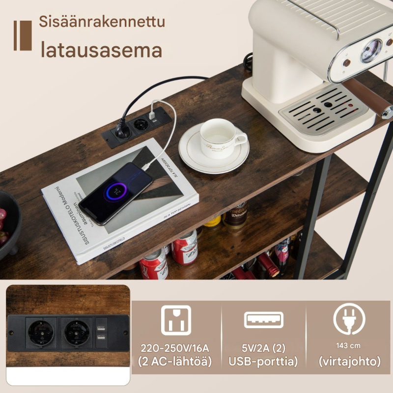 Teollinen viinikaappi lasitelineillä ja latausasemalla, ruskea