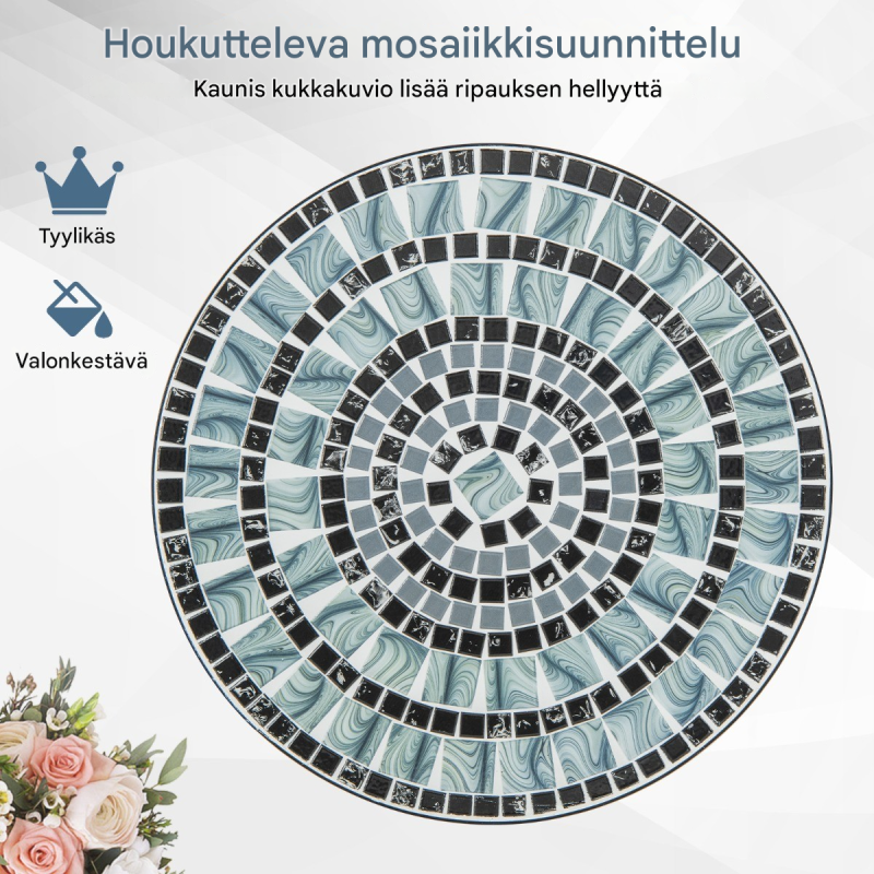 Kaksi mustaa taitettavaa mosaiikkituolia terassille ja puutarhaan