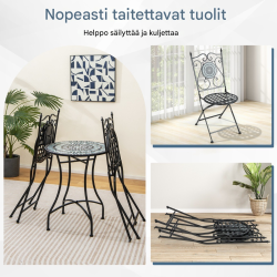 Kaksi mustaa taitettavaa mosaiikkituolia terassille ja puutarhaan
