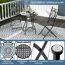 Kaksi mustaa taitettavaa mosaiikkituolia terassille ja puutarhaan