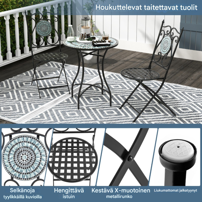 Kaksi mustaa taitettavaa mosaiikkituolia terassille ja puutarhaan