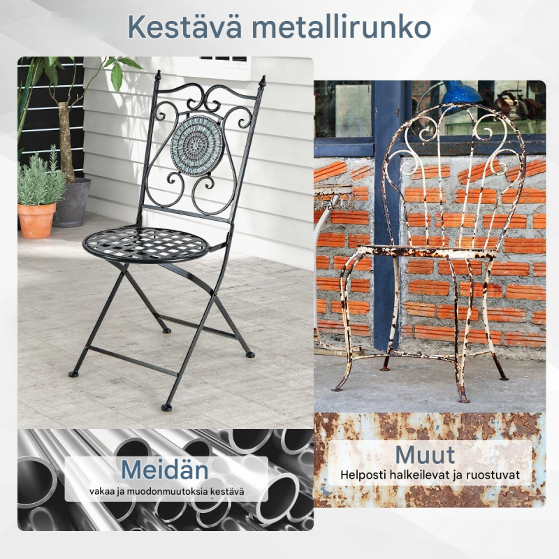 Kaksi mustaa taitettavaa mosaiikkituolia terassille ja puutarhaan