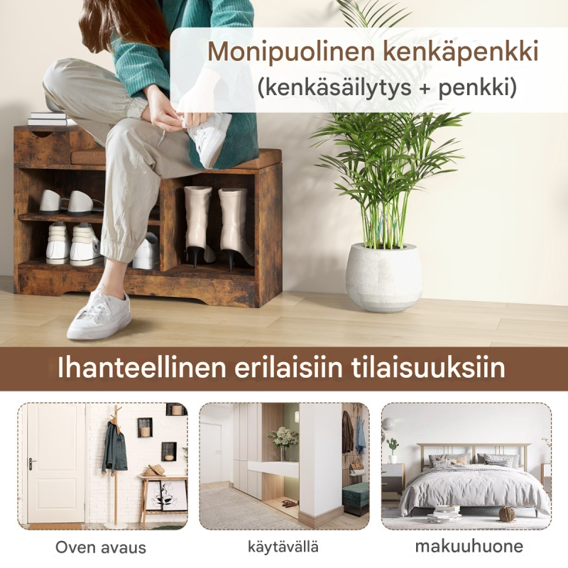Monikäyttöinen kenkäpenkki säilytystilalla ja istuintyynyllä rustiikkiruskea