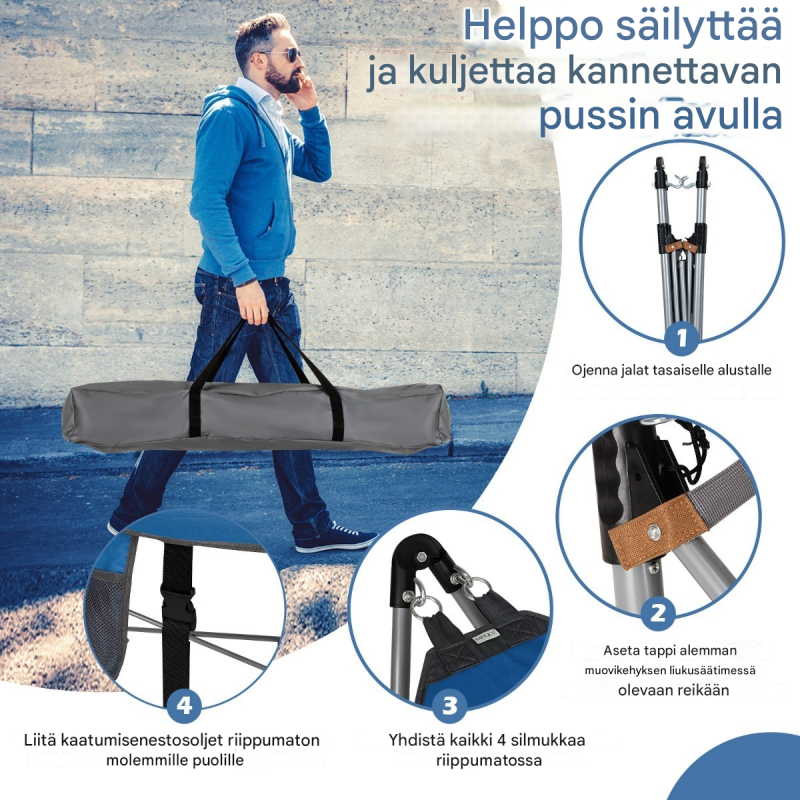 Kokoontaitettava sininen riippumatto rautarungolla ja sivutaskulla