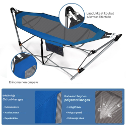 Kokoontaitettava sininen riippumatto rautarungolla ja sivutaskulla
