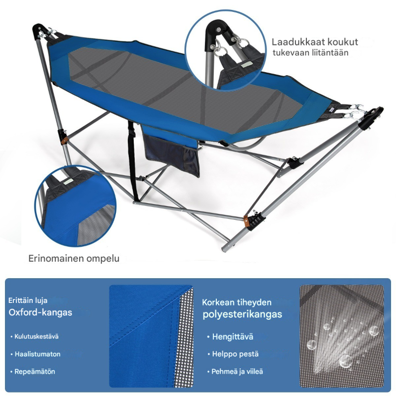 Kokoontaitettava sininen riippumatto rautarungolla ja sivutaskulla