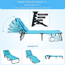 Säädettävä aurinkotuoli kasvotilalla ja irrotettavilla tyynyillä, sinivihreä