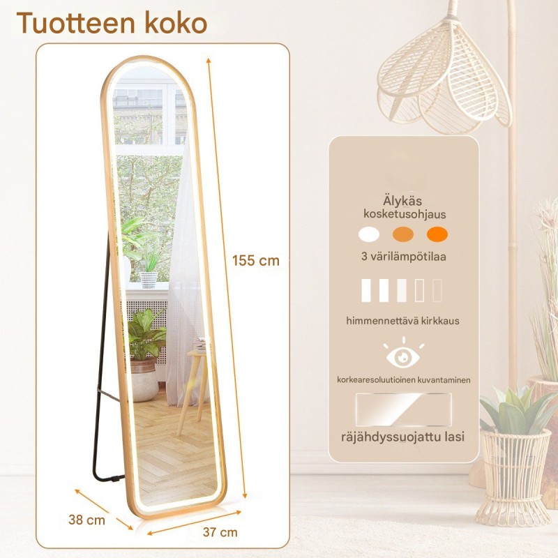 Kullanvärinen LED-valaistu kokovartalopeili särkymättömällä lasilla