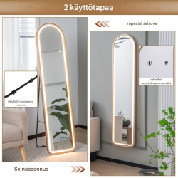 Kullanvärinen LED-valaistu kokovartalopeili särkymättömällä lasilla