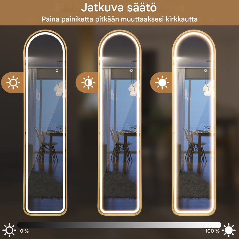 Kullanvärinen LED-valaistu kokovartalopeili särkymättömällä lasilla