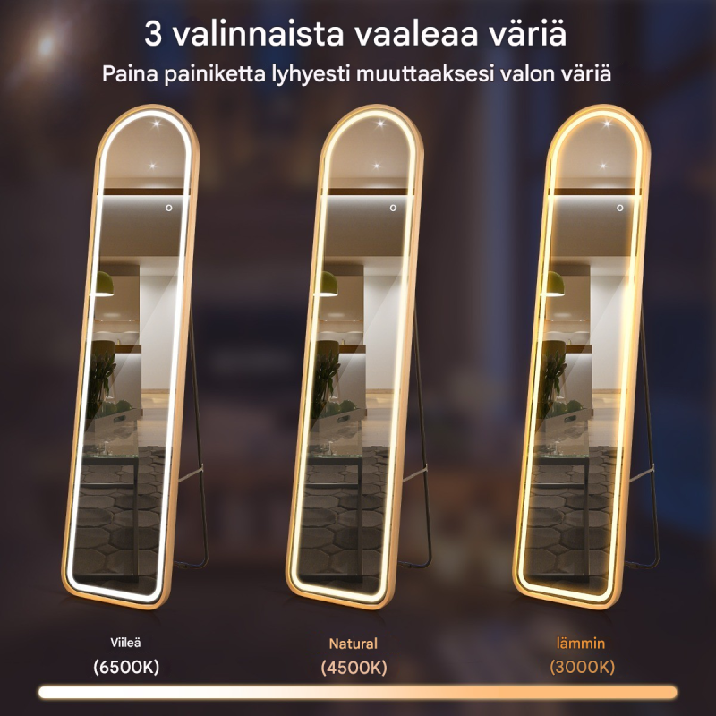 Kullanvärinen LED-valaistu kokovartalopeili särkymättömällä lasilla