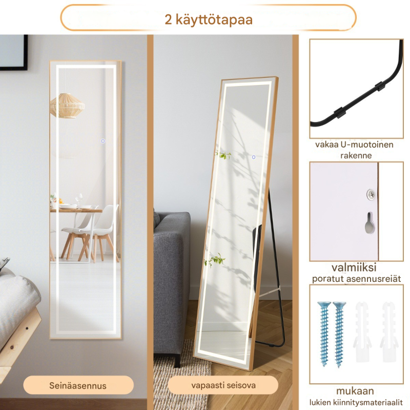 Kullanvärinen kokopeili alumiinikehyksellä ja LED-valaistuksella