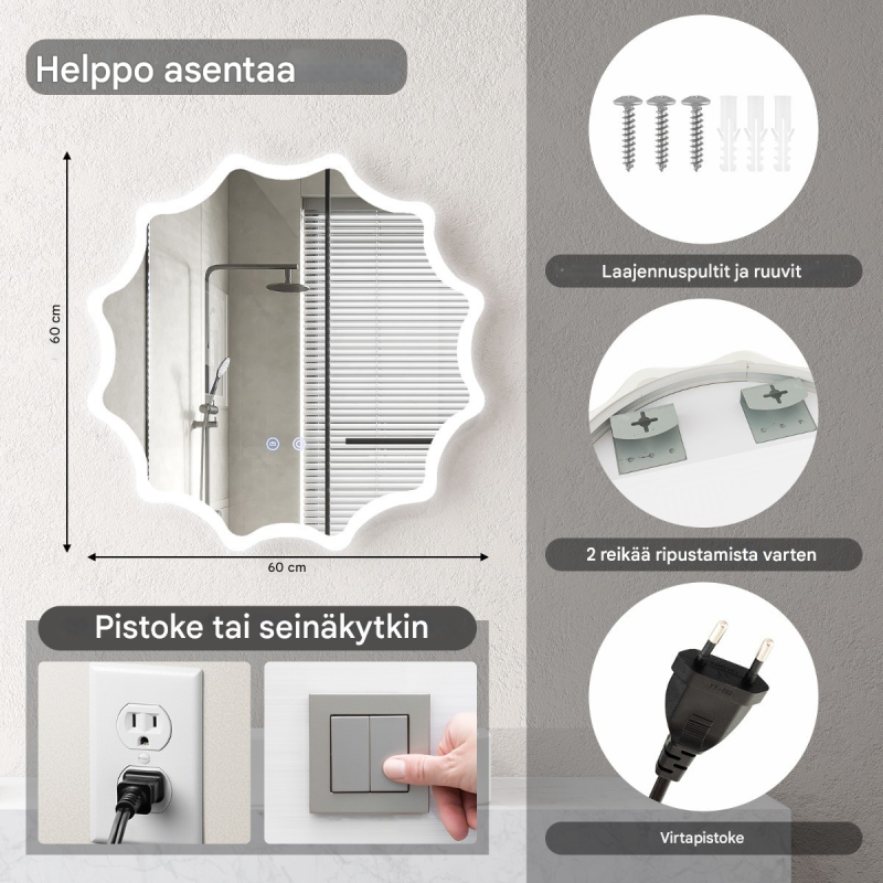 Hopeinen LED-kylpyhuonepeili höyrynsuojalla ja säädettävällä kirkkaudella
