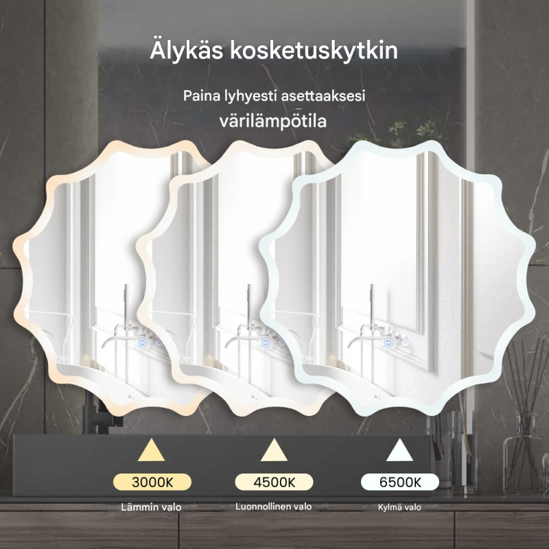 Hopeinen LED-kylpyhuonepeili höyrynsuojalla ja säädettävällä kirkkaudella