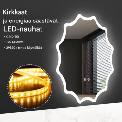 Hopeinen LED-kylpyhuonepeili höyrynsuojalla ja säädettävällä kirkkaudella