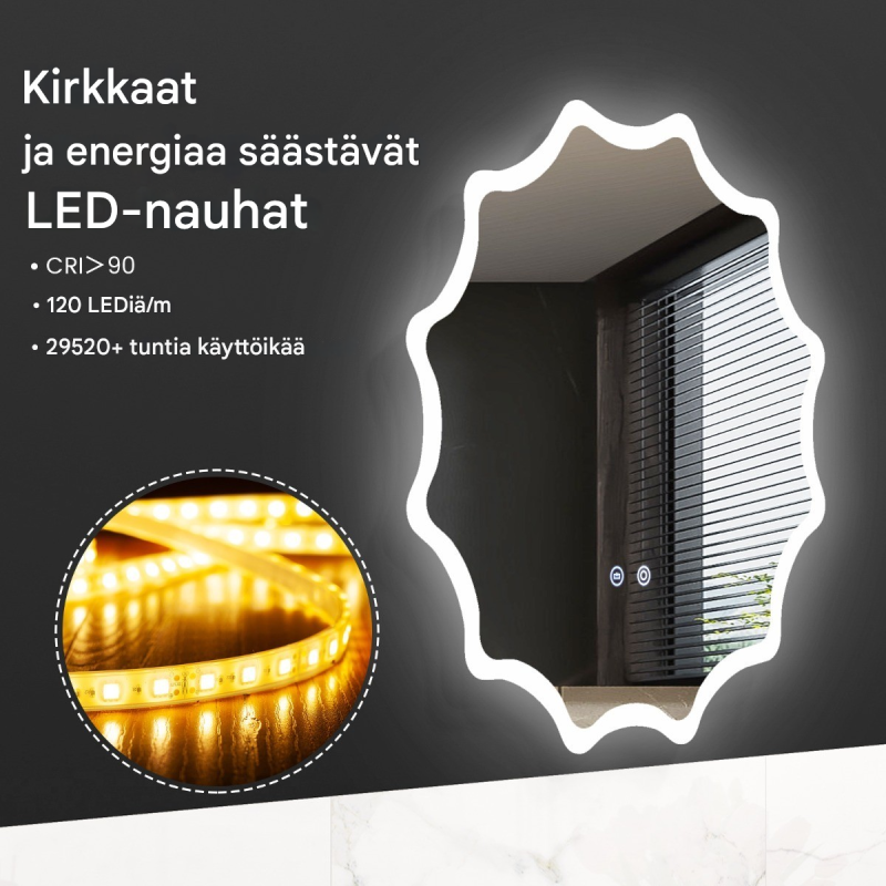 Hopeinen LED-kylpyhuonepeili höyrynsuojalla ja säädettävällä kirkkaudella