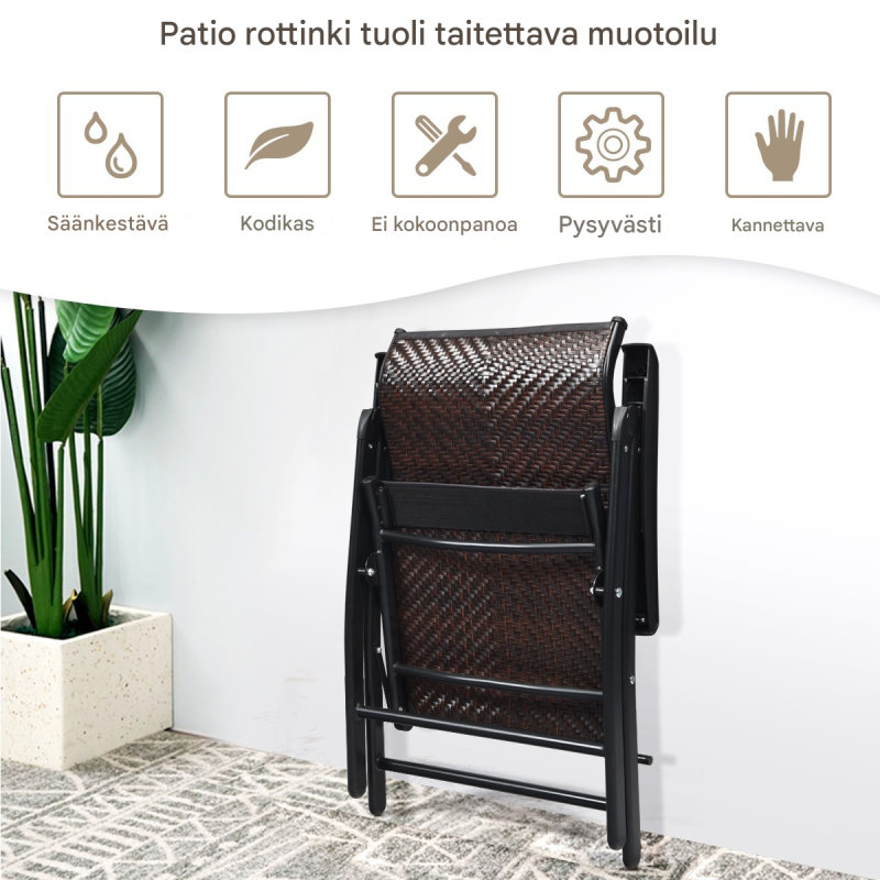 Taitettava ruskea rottinkituoli, säädettävä selkänoja ulkokäyttöön