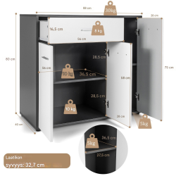 Moderni mustavalkoinen keittiökaappi säädettävällä hyllyllä