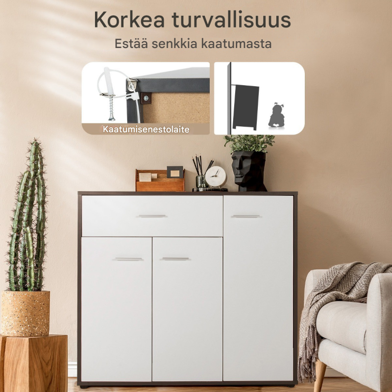 Moderni mustavalkoinen keittiökaappi säädettävällä hyllyllä