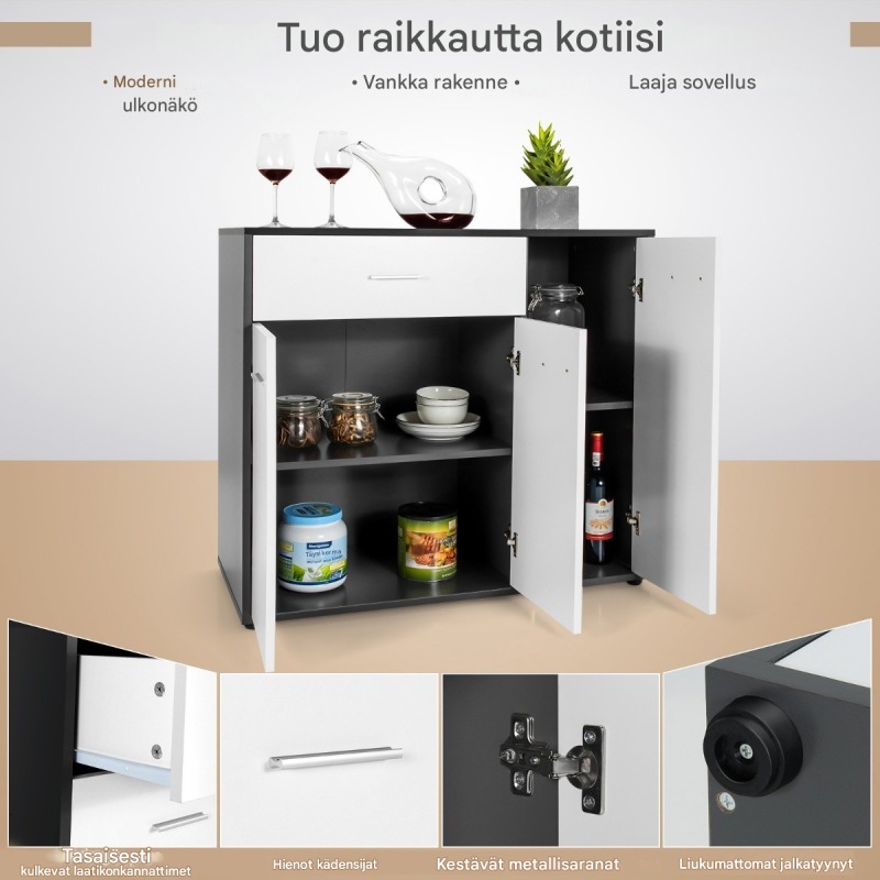 Moderni mustavalkoinen keittiökaappi säädettävällä hyllyllä