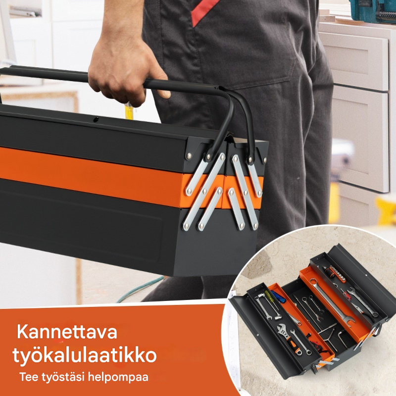Taitettava harmaa metallinen työkalupakki 5 osalla ja lukolla
