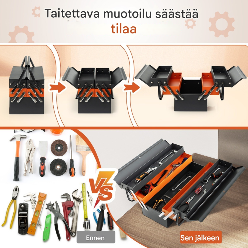 Taitettava harmaa metallinen työkalupakki 5 osalla ja lukolla