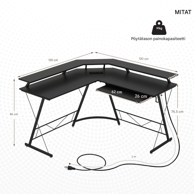 L-muotoinen musta tietokonepöytä pistorasialla ja USB-liitännällä