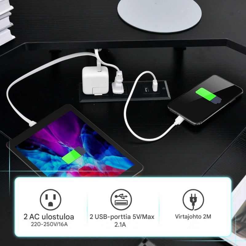 L-muotoinen musta tietokonepöytä pistorasialla ja USB-liitännällä