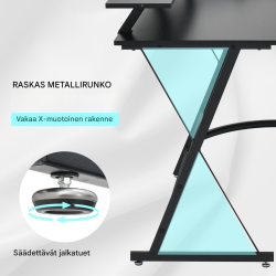 L-muotoinen musta tietokonepöytä pistorasialla ja USB-liitännällä