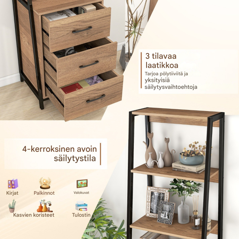 Luonnonvärinen tikashylly 3 laatikolla ja 4 avohyllyllä Luonnonvärinen tikashylly 3 laatikolla ja 4 avohyllyllä