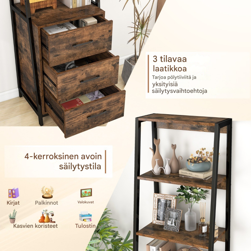 Rustiikkinen ruskea tikashylly 3 laatikolla ja 4 avohyllyllä Rustiikkinen ruskea tikashylly 3 laatikolla ja 4 avohyllyllä