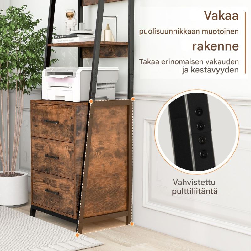 Rustiikkinen ruskea tikashylly 3 laatikolla ja 4 avohyllyllä Rustiikkinen ruskea tikashylly 3 laatikolla ja 4 avohyllyllä