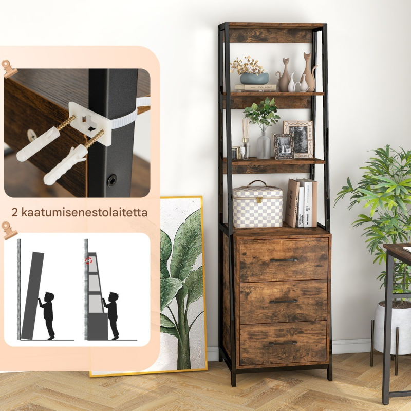 Rustiikkinen ruskea tikashylly 3 laatikolla ja 4 avohyllyllä Rustiikkinen ruskea tikashylly 3 laatikolla ja 4 avohyllyllä