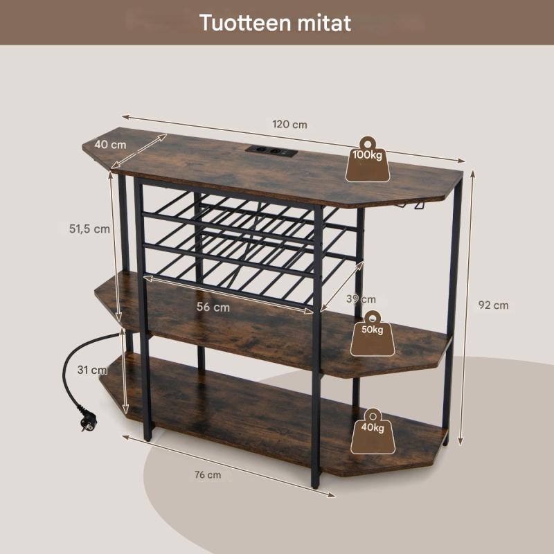 Kolmitasoinen viinikaappi pistorasioilla ja lasitelineillä ruskea