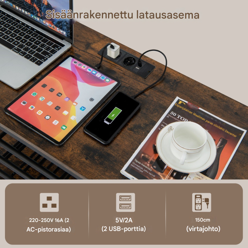 Kolmitasoinen viinikaappi pistorasioilla ja lasitelineillä ruskea