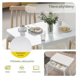 Taitettava valkoinen ruokapöytä piilotetulla säilytystilalla neljälle
