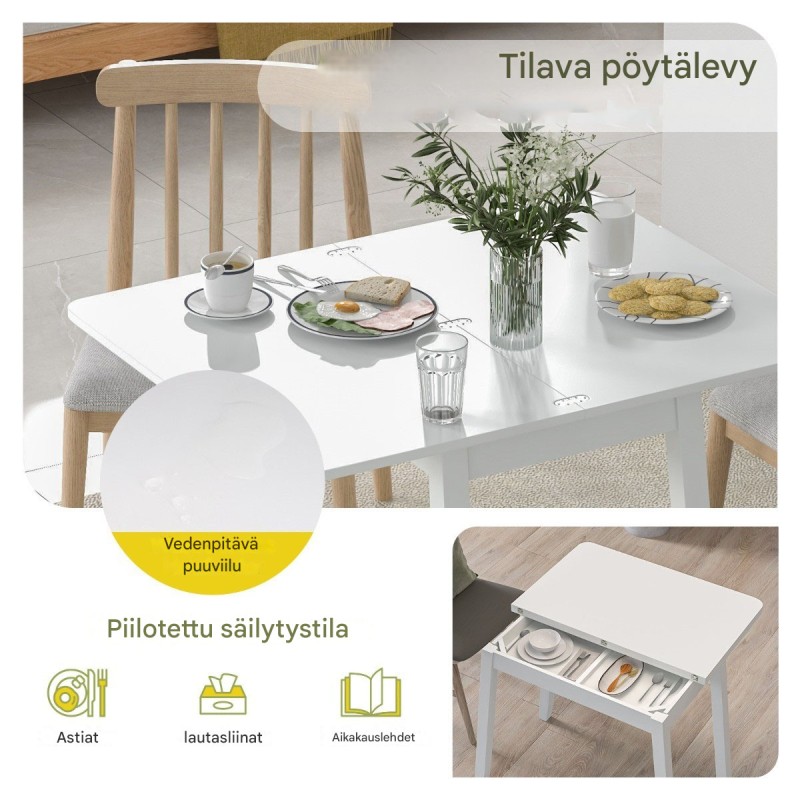 Taitettava valkoinen ruokapöytä piilotetulla säilytystilalla neljälle