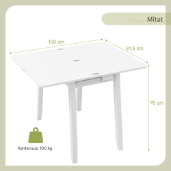 Taitettava valkoinen ruokapöytä piilotetulla säilytystilalla neljälle