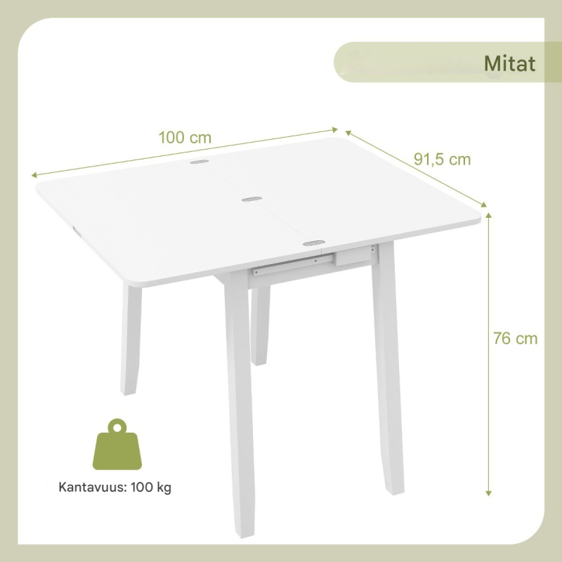 Taitettava valkoinen ruokapöytä piilotetulla säilytystilalla neljälle
