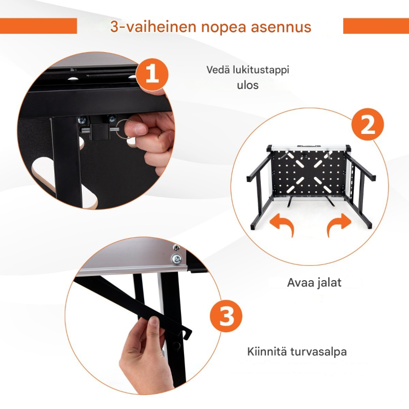 Kokoontaitettava oranssi työpöytä, metallirunko, 3 työkalulaatikkoa