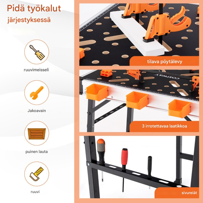 Kokoontaitettava oranssi työpöytä, metallirunko, 3 työkalulaatikkoa