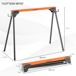 Kaksi oranssia taitettavaa sahapukkia, 500 kg kantavuus