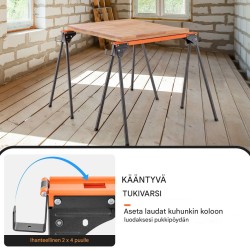 Kaksi oranssia taitettavaa sahapukkia, 500 kg kantavuus