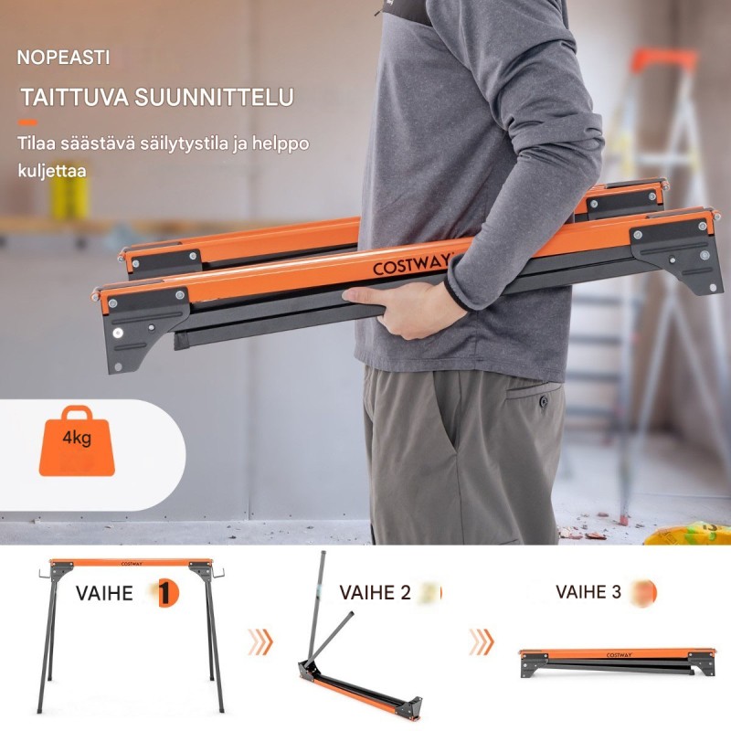 Kaksi oranssia taitettavaa sahapukkia, 500 kg kantavuus