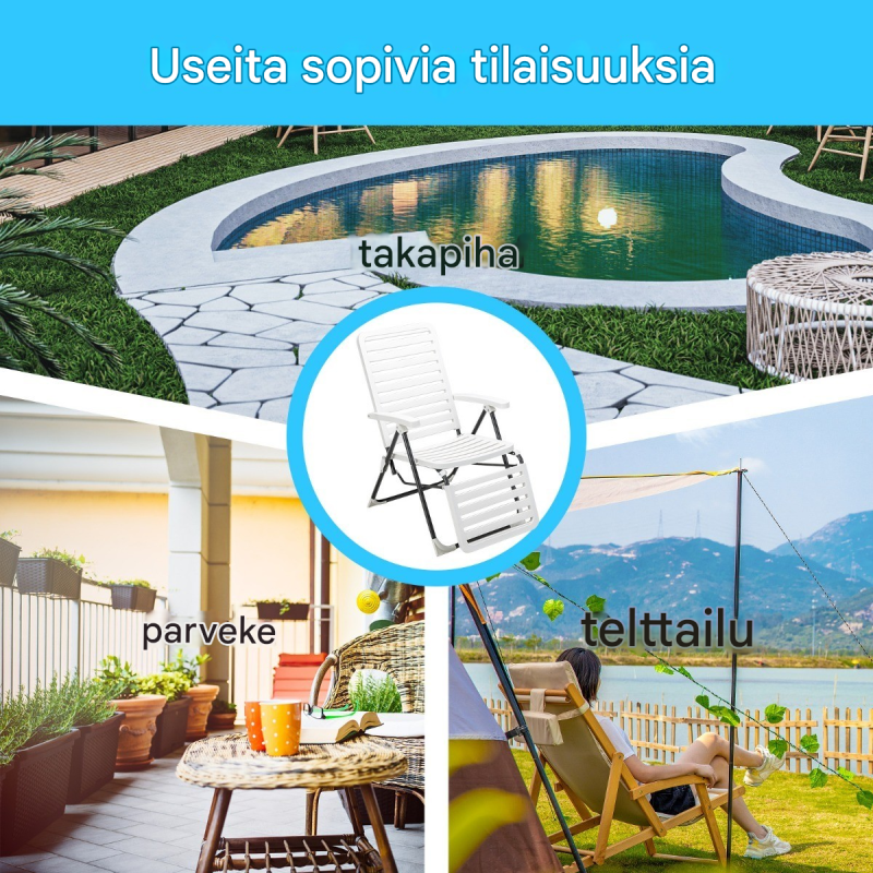 Kaksiosainen valkoinen terassituoli jalkatuella, säädettävä ja taitettava