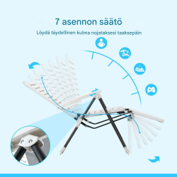 Kaksiosainen valkoinen terassituoli jalkatuella, säädettävä ja taitettava