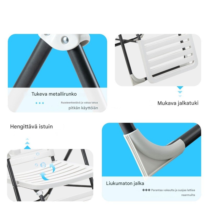 Kaksiosainen valkoinen terassituoli jalkatuella, säädettävä ja taitettava